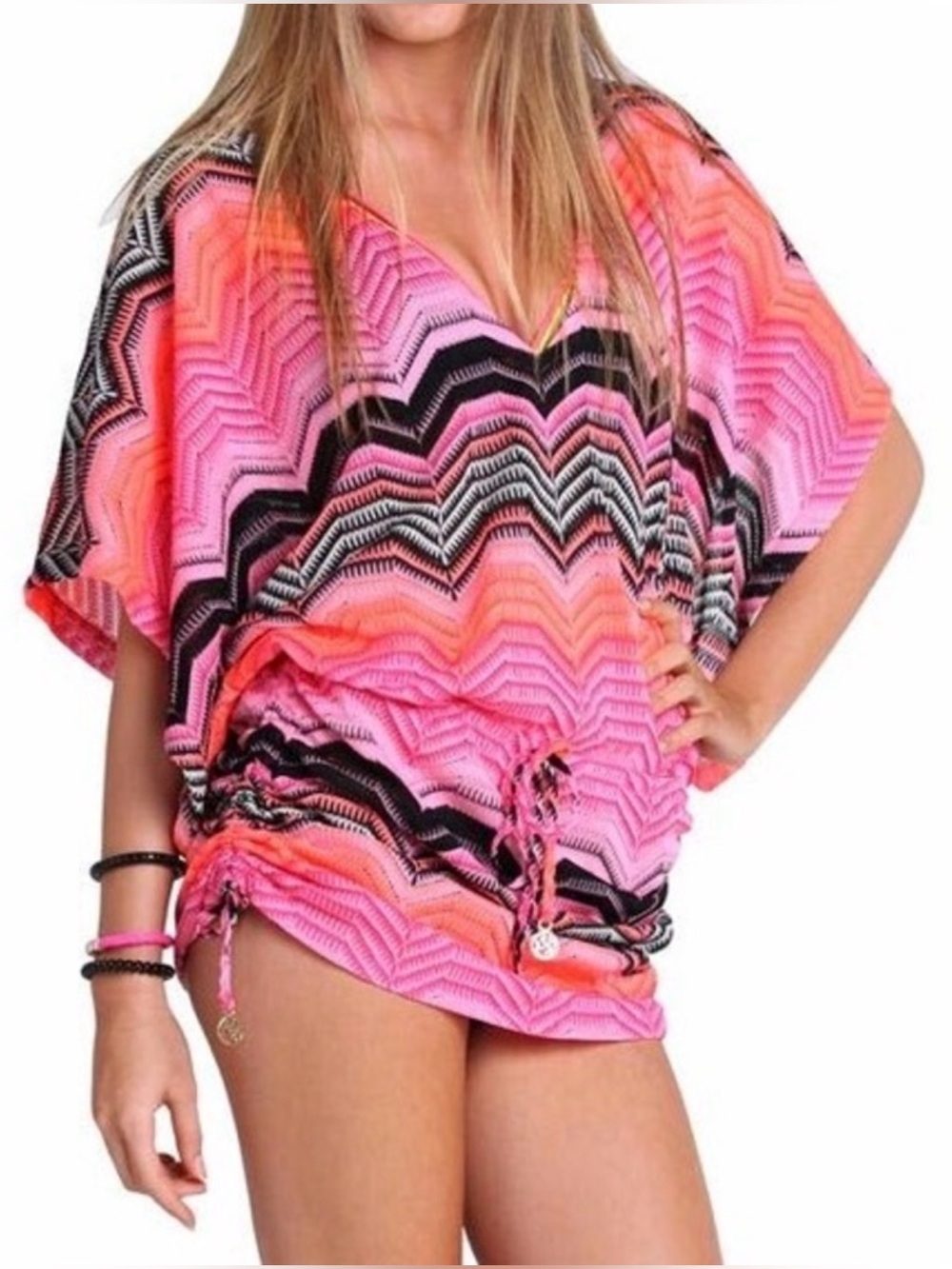 Luli Fama Pink Champagne Crochet Cabana V-Neck Dress Coverup NWOT X-Small